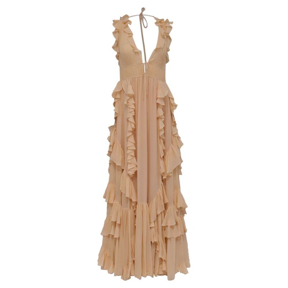 Ulla Johnson Florella Ruffled Silk-Chiffon Gown in Peach Silk